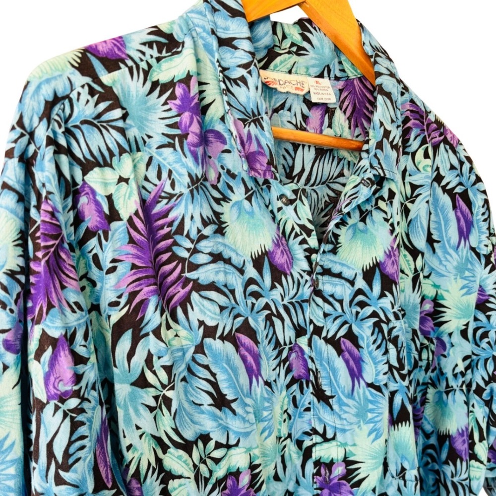 Jordache Basics Mens XL Vintage Tropical Leaf Button Down Shirt Short Sleeve USA - Picture 5 of 8